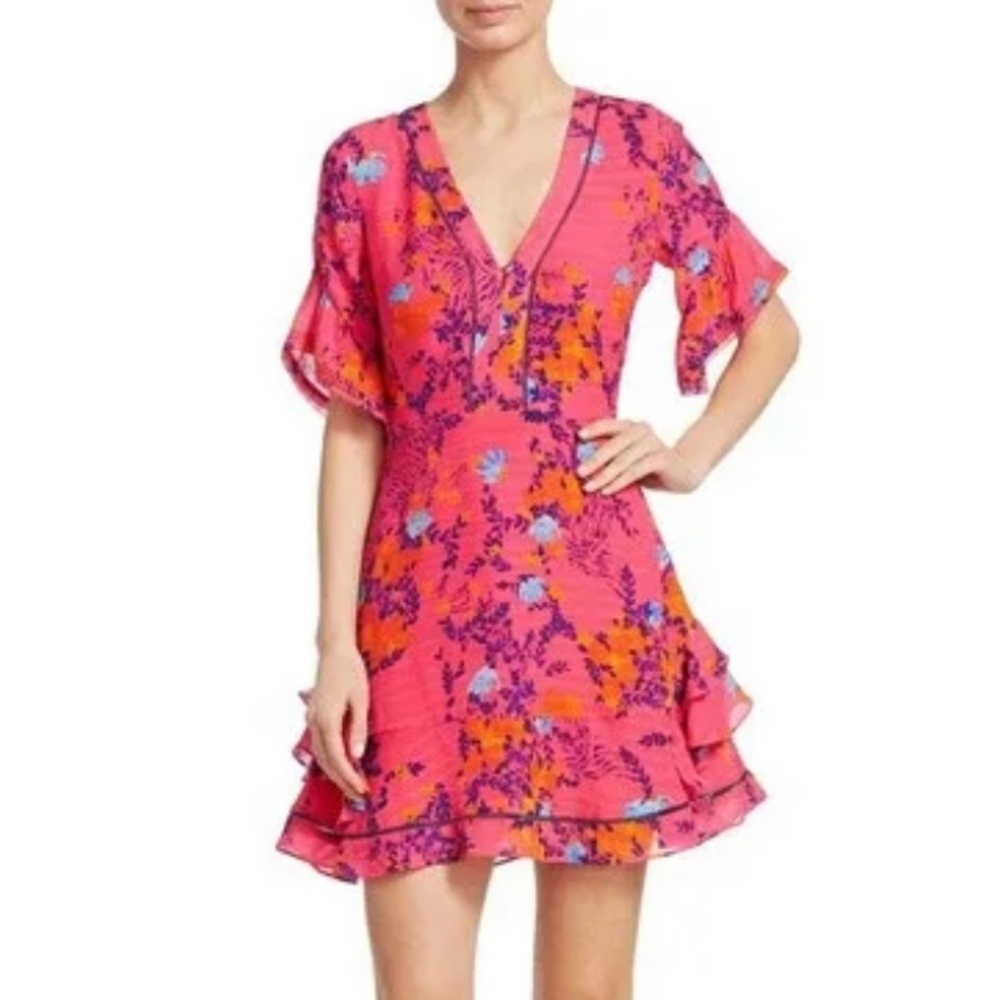 TANYA TAYLOR Kayla Dress Falling Floral Flower Ruffle Silk Event Hot Pink Size 0 - Picture 4 of 16